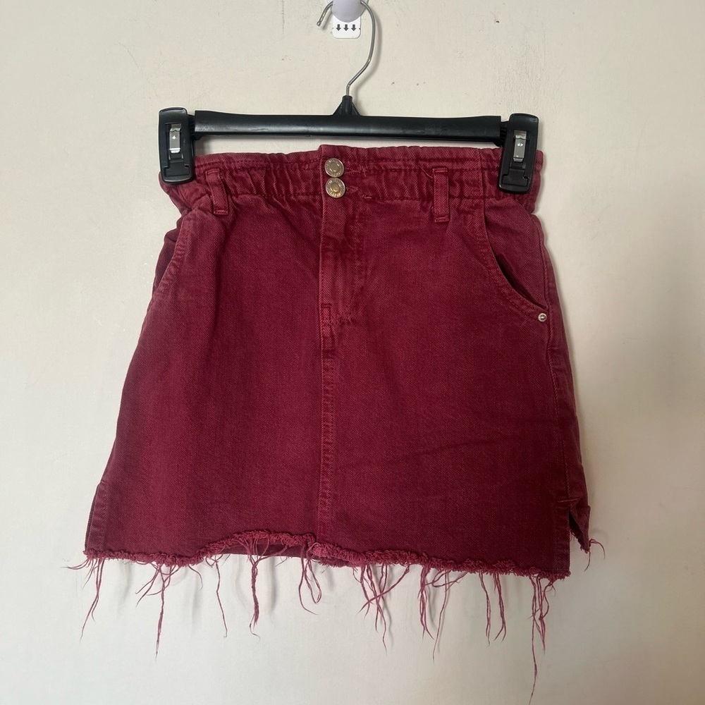 Zara Red Denim paper bag top Raw hem skirt size 8